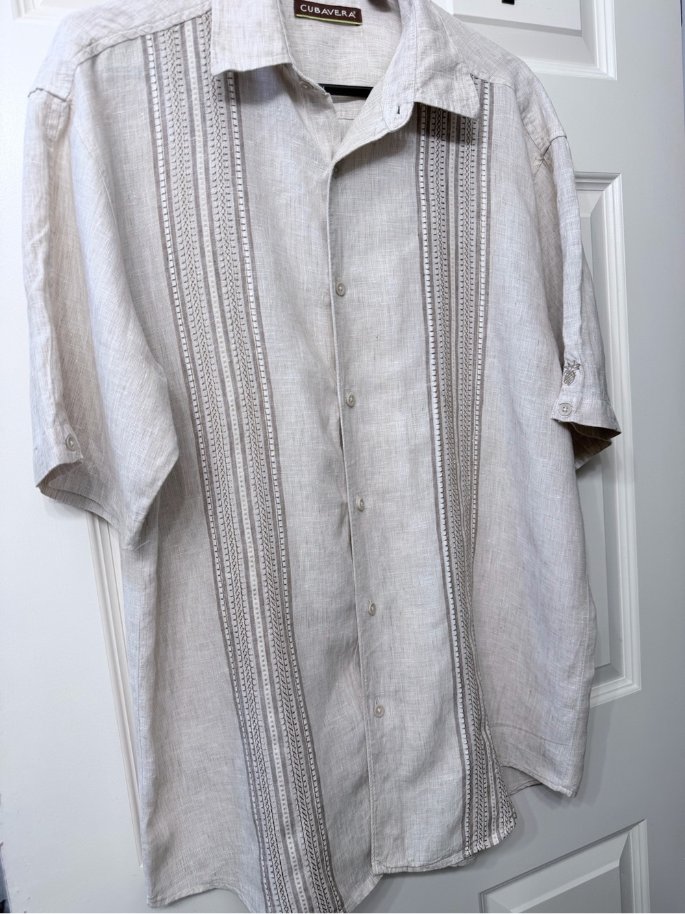 Cubavera Light Beige Short-Sleeve Linen-Blend Button Down Shirt